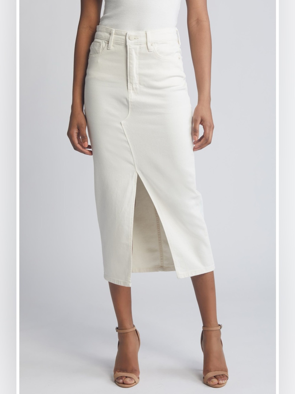 Good American White Denim Midi Skirt